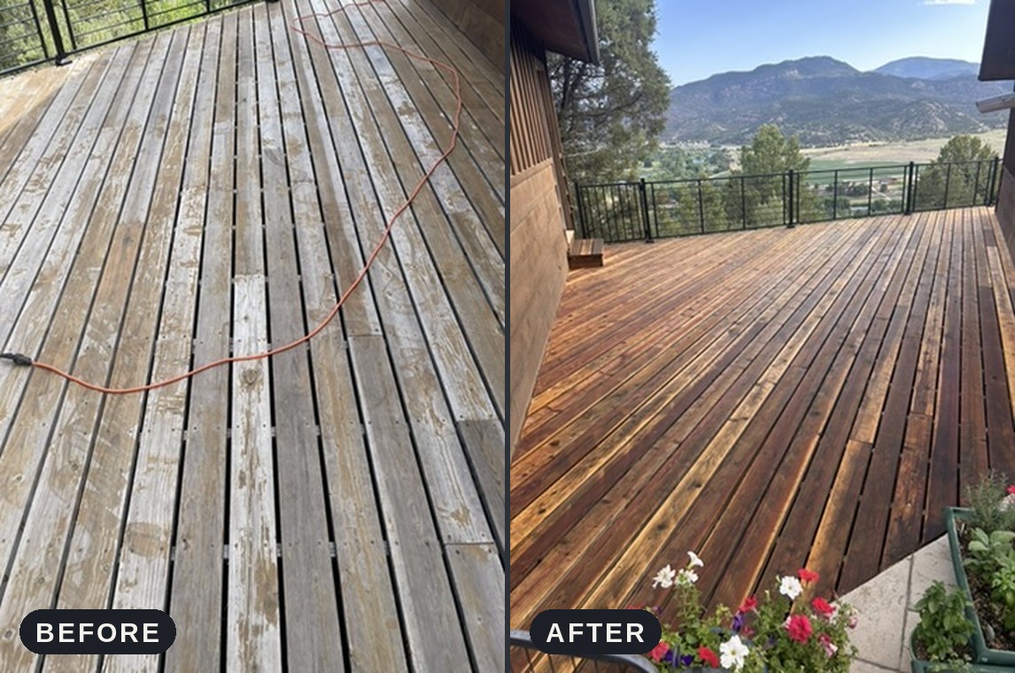 Before and after of a wood deck restoration: weathered gray boards on the left, freshly sanded and richly re-stained boards with a mountain view on the right