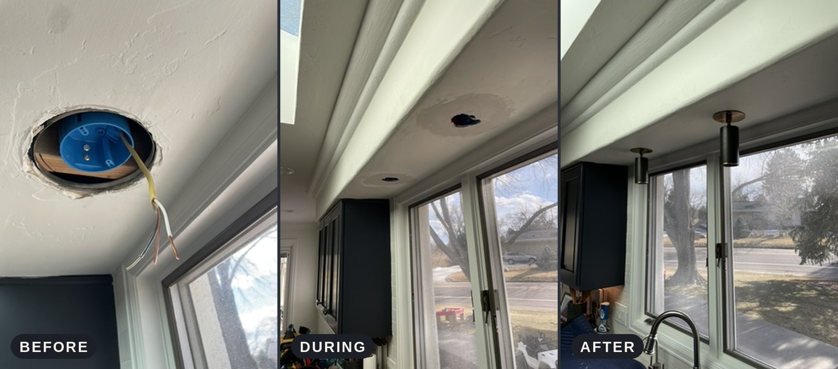 Three stages of a lighting job: an open ceiling hole with the old recessed light removed and wiring exposed, the holes patched with drywall compound, and two new black pendant fixtures installed
